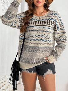 SHEIN LUNE Plus Size Jacquard Knit Crew Neck Sweater, Casual Everyday Wear - Multicolor - View 6