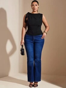 SHEIN BAE Top de tirantes finos talla grande, sin mangas, color negro, adecuado para el Día de San Valentín, verano, cumpleaños, eventos formales, fiesta