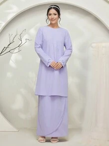 Veilorie Baju Kurung 2pcs/Set Extra Long Wavy Ruffle Hem Crop Top And Maxi Skirt Modest