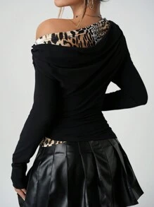 SHEIN ICON Y2K Leopard Print Splicing One-Shoulder Long Sleeve Shirred T-Shirt, Stylish For Autumn Winter Thanksgiving Party Winter New Year Holiday Sexy