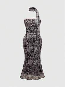 ROMWE Grunge Punk Camouflage & Kanten Versiering Strass Getailleerde Jurk Met Sjaal, Amerikaanse Stijl