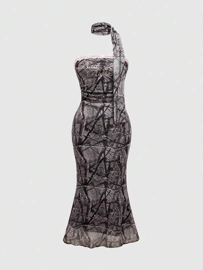 Grunge Punk Vestito aderente con strass, bordo in pizzo e stampa mimetica, con sciarpa, stile americano