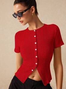 Poéselle Fall Slim Asymmetric Ribbed Short Sleeve Women's T-Shirt With Split Hem Design, Short Sleeve Shirt, Crew Neck, Skinny Short Sleeve Shirt, T-Shirt, Fall Women's Tops, Halloween Shirt, Going Out Costume