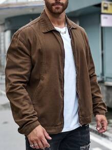 Manfinity Homme 大码男式前拉链长袖口袋休闲牛仔夹克 - 咖啡棕 - 查看 4