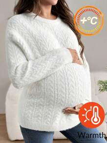 SHEIN Suéter de punto para maternidad, cálido y forrado térmicamente con cuello redondo y manga larga para mujeres embarazadas, otoño/invierno