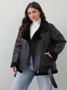 Aveloria Modichic 全新加厚加大码蓬松摩托车夹克加大码女式皮大衣，冬季 - 黑色 - 查看 5