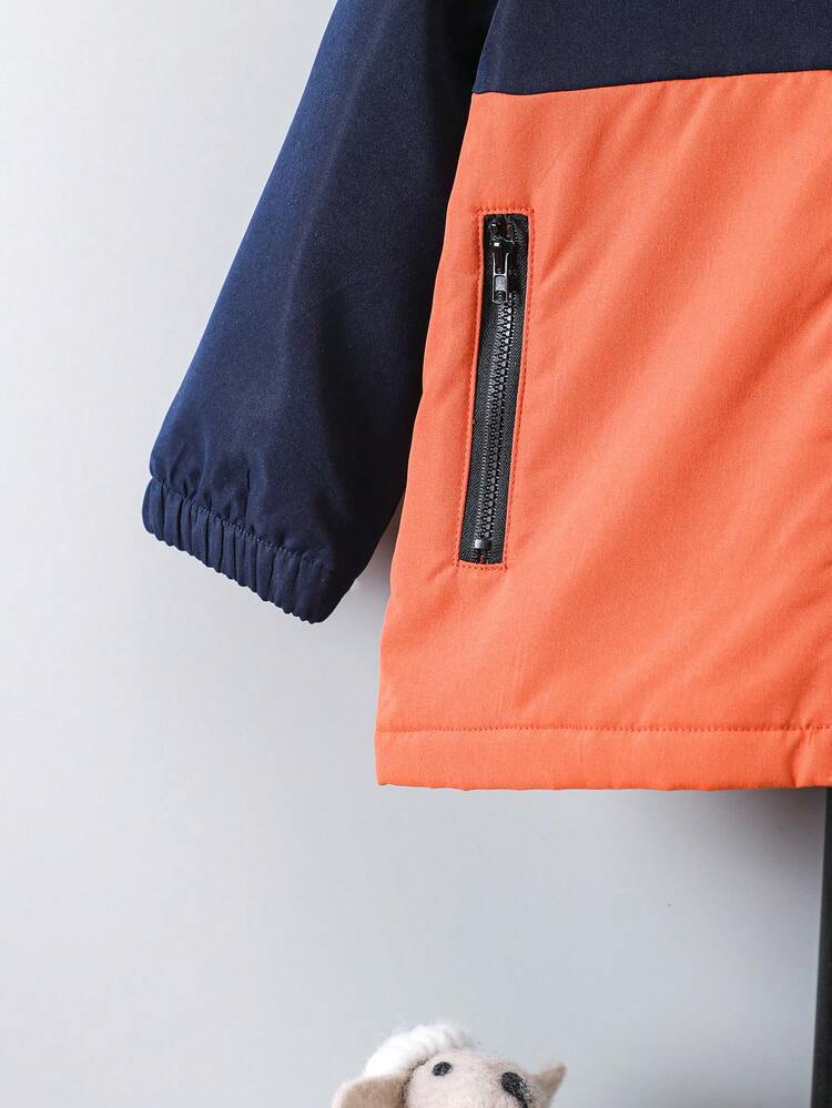 2pcs Boys Autumn/Winter Letter Print Color Block Zipper Hoodie Jacket And Pants Set - Multicolor - View 6