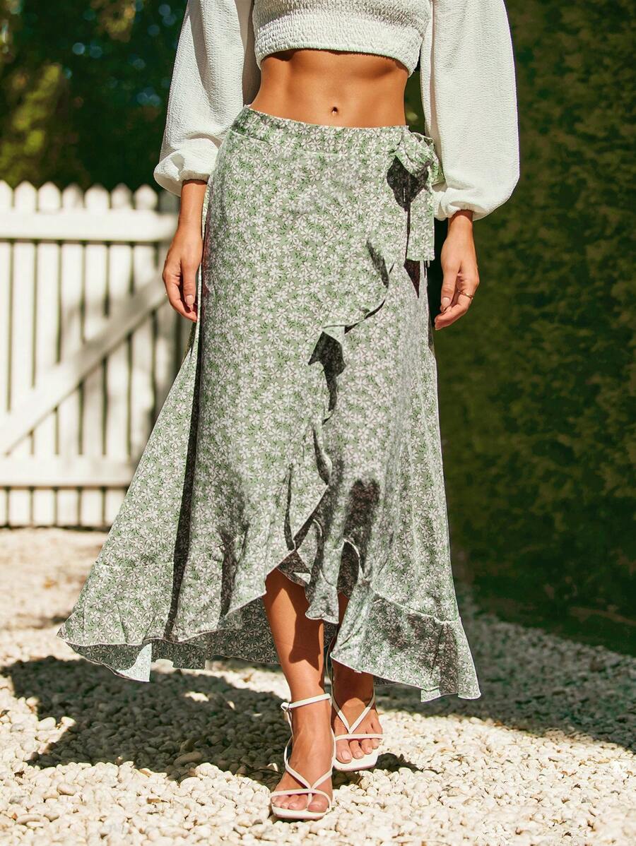 SHEIN VCAY 滿版印花側打結裹身裙 - 綠色 - 查看 1