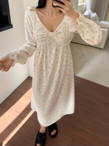 DAZY 碎花蝴蝶结荷叶边袖睡袍睡衣秋冬