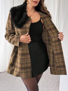 SHEIN Essnce Plus Size Women's Fashionable Casual Commuting Elegant Business Christmas Clothes Winter Clothes For Women Business Casual Woman Going Out Tops Women Vintage Winter Clothes Women Office Wear Women Winter Coat Coats For Women Winter Old Money Style Women Vintage Clothes Women Fluffy Coat Women Stitching False Collar Plaid Waist Coat