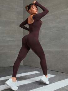 Slayform Tuta da yoga: scollo a V profondo con supporto per il busto, maniche lunghe e pantaloni, modellante lato fondoschiena e contenitivo per l'addome, versatile per l'allenamento, il ciclismo e l'uso quotidiano - Caffè Marrone - Visualizzare 2