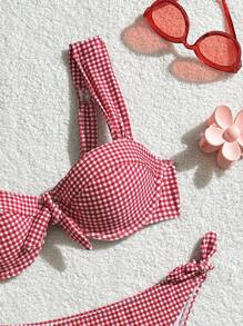 Swim Mod Conjunto bikini sexy de cuadros con corbata frontal para mujer, para ropa de playa y vacaciones