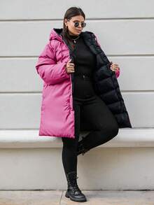 EURMUSE Plus Women's Pink Lined Puffer Winter Coat With Hoodie - Pink - View 7