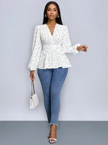 SOLERSUN Heart Print Wrap Neckline Lantern Sleeve Blouse With Ruffle Hem (Assorted Floral) Peplum Top