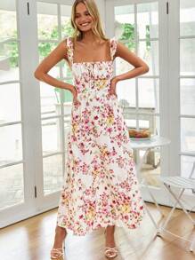 SHEIN VCAY Elegant Lace Up Backless Ruffle Armhole Split Thigh Dress - Multicolor - View 5