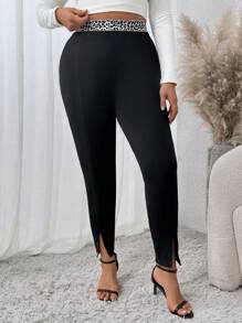 SHEIN Clasi Plus Size Women High Waist Leopard Print Splicing Slit Leggings - Black - View 3