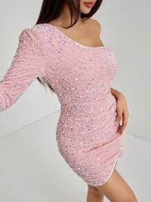 SHEIN PETITE One Shoulder Sequin Bodycon Party Women Dress