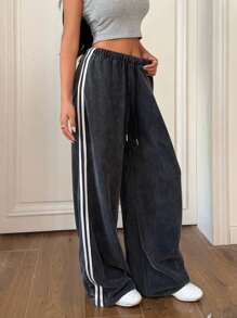 Muchica Women's Retro Distressed Snowflake Side Strap Loose Fit Casual Sports Pants