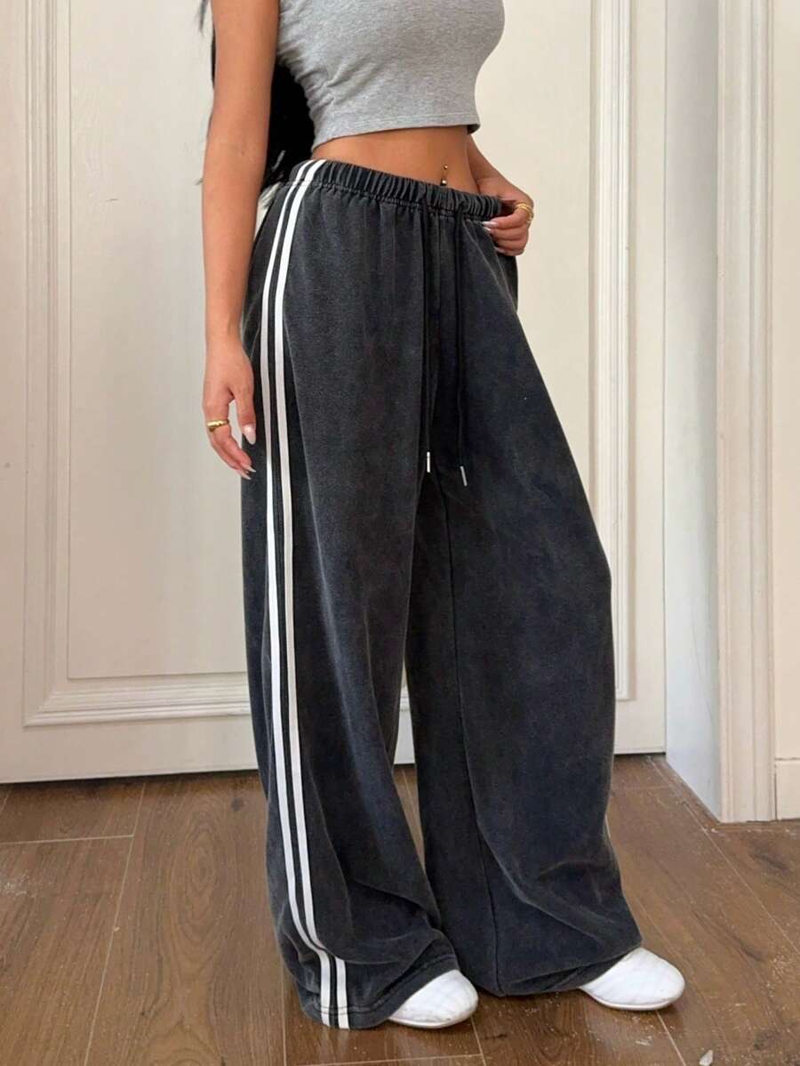 Muchica Women's Retro Distressed Snowflake Side Strap Loose Fit Casual Sports Pants