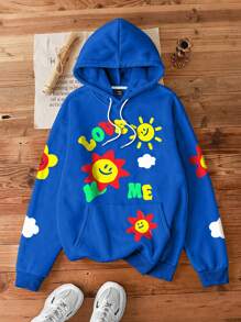 Manfinity Hypemode 男式笑脸与字母印花连帽长袖运动衫（带口袋） - 藍色 - 查看 4