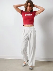 SHEIN EZwear 寬鬆款直筒灰白條紋休閒長褲 - 藍色 - 查看 6