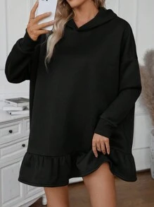 SHEIN LUNE Sudadera con capucha suelta con mangas de murciélago, dobladillo con volantes, de unicolor, para otoño/invierno para mujeres - Negro - Ver 5