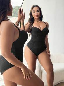 Swim Vcay Plus Size One-Piece Solid Color Wire Bra Push-Up Ruched Crisscross Back Minimalist Sexy Vacation Swimsuit Summer - Black - View 5
