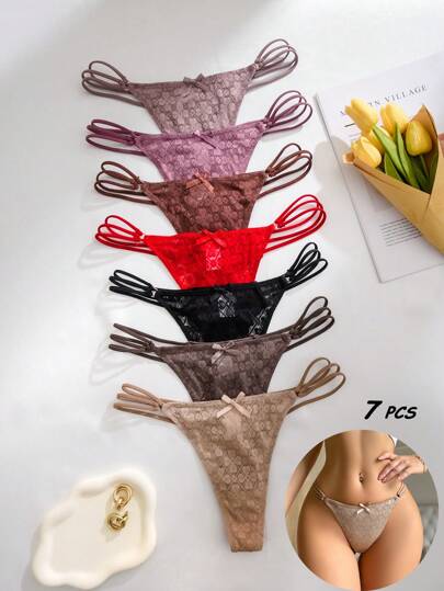 7pcs/Set Romantic Sexy Lace Bow G-String Lingerie Bowknot