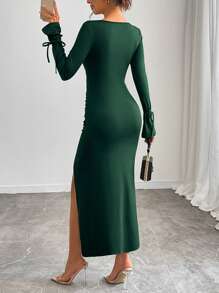 Rafferiza Women's Elegant Hollowed Floral 3D Pleated Fitted Slit Tie-Up Square Neck Casual Sexy Dress, Y2K Style For Spring & Autumn Maxi Women Outfit Fall Cloth For Women