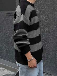 DAZY 男士长袖条纹简约圆领毛衣，秋冬休闲日常穿着 - 彩色 - 查看 2