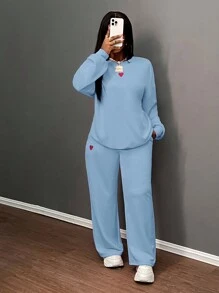 Slaydiva 2024 Autumn/Winter Casual Basic Cute Crew Neck Loose Long Sleeve Sweatshirt And Loose Pants Set With Heart Embroidery, Pink Sweatshirt Set - B - Blue - View 3