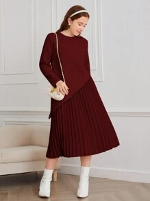 2pcs/Set Teen Girl Knit Sweater And Pleated Camisole Dress - Burgundy - View 4