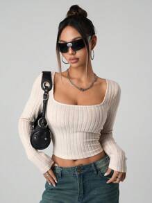 SHEIN ICON 女士纯色长袖简约罗纹休闲 Y2K 方领假日雪地女士米色舒适上衣，日常穿着 - 杏色 - 查看 4