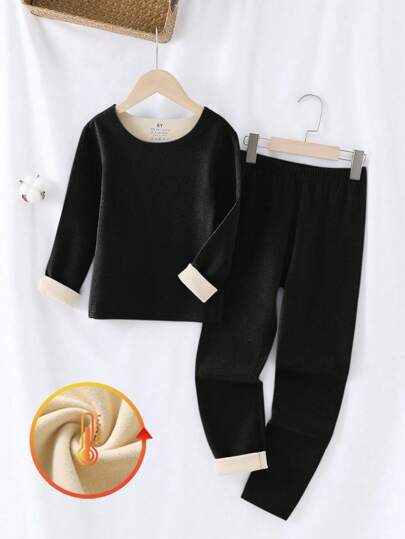 2 件装 Tween Girl 纯色无缝保暖内衣套装，长袖上衣和紧身裤，深灰色