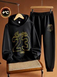 SHEIN Teen Boys 2pcs Athletic Casual Comfortable Versatile Warm Letter Print Hooded Sweatshirt & Sweatpants Set Back To School Clothes Fall Outfits