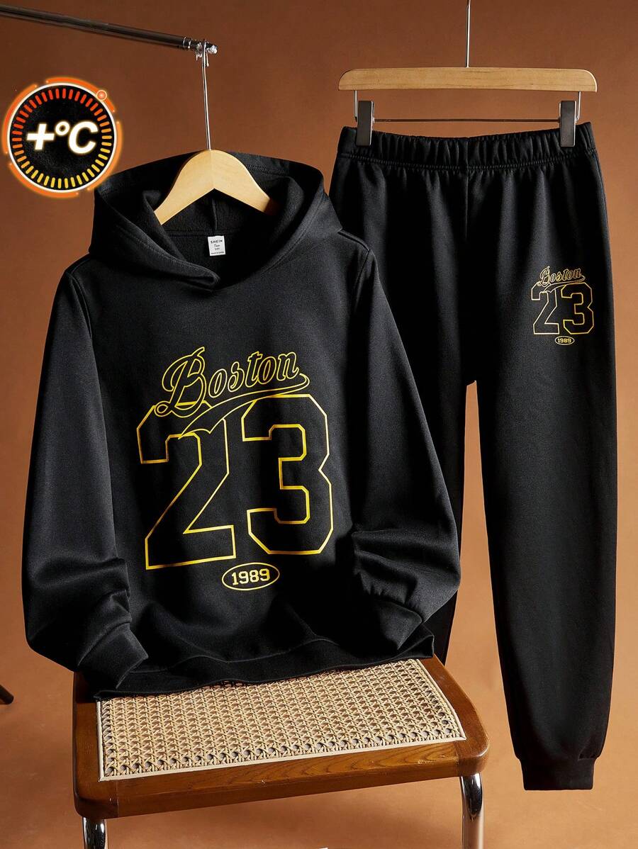 SHEIN Teen Boys 2pcs Athletic Casual Comfortable Versatile Warm Letter Print Hooded Sweatshirt & Sweatpants Set Back To School Clothes Fall Outfits
