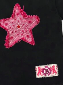 ROMWE MEN Street Life Spring Casual Graphic Men'S Five-Pointed Star Embroidered Short Sleeve T-Shirt, Suitable For Everyday Wear In Spring/Summer - Black - View 5