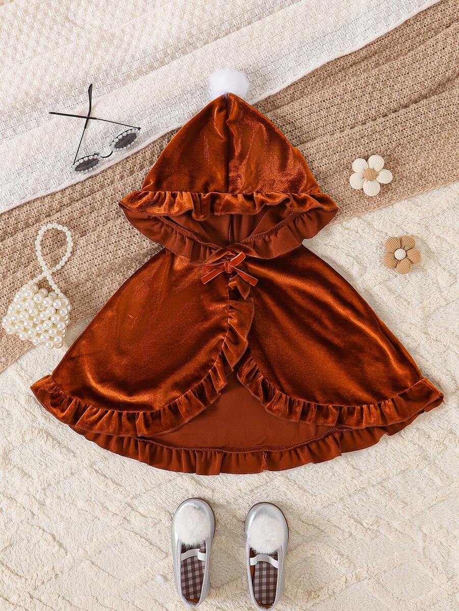 SHEIN Infant/Baby Girl New Red Velvet Short Christmas Hooded Cape With Ruffle Trim - Brown - View 1