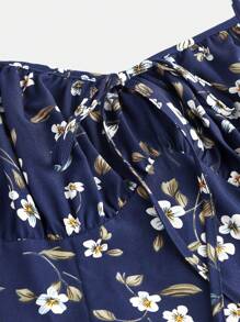 Girlism 少女宝蓝色吊带，花卉印花荷叶边胸前开衩大腿高夏季背心裙 - 寶藍色 - 查看 3