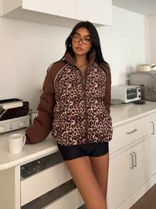 SHEIN EZwear Women's New Leopard Print Winter Jacket, Casual Simple And Fashionable For Daily Wear