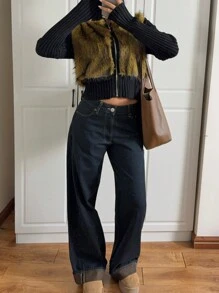 SHEIN EZwear Męska jednokolorowa bluzka z długim rękawem ze sztucznej skóry, swobodny sweter, prosty design
