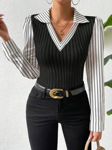 RosyDaze Blusa feminina estilo de deslocamento com decote em V, estampa listrada, patchwork, ajuste fino, primavera e outono