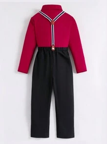 Conjunto Elegante para Meninos Pré-Adolescentes, Inclui Camisa e Calça com Suspensório, Adequado para Festas e Ocasiões Formais, Conjunto de 2 Peças - Vinho - Visão 2