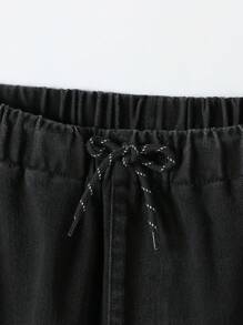 Older Boys Elastic Waist Adjustable Drawstring Loose Comfortable Casual Multi-Pocket Knit Denim Cargo Pants, Everyday Wear - Black - View 5