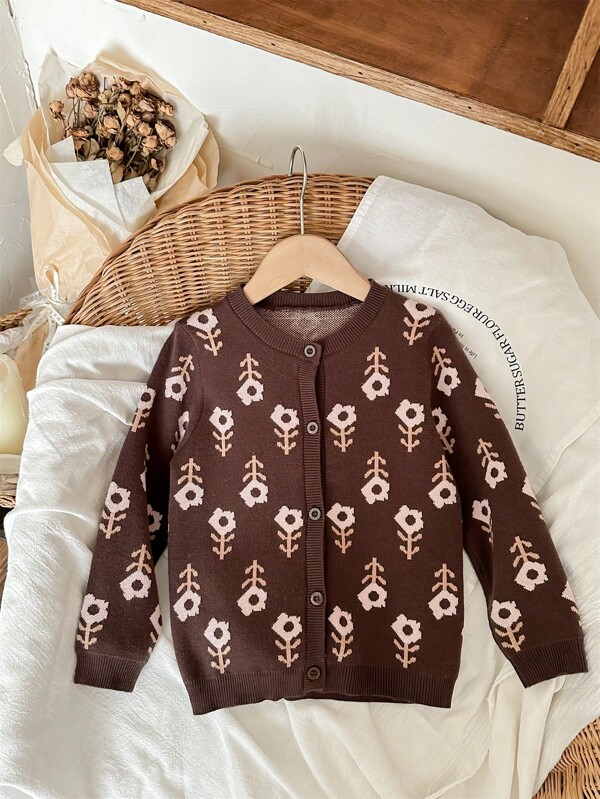 Blossori Chaqueta de punto holgada con estampado floral para niñas, color marrón, para otoño/invierno