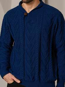 Manfinity VCAY 男士针织时尚休闲日常宽松半扣长袖毛衣，秋冬季，圣诞节 - 藍色 - 查看 1