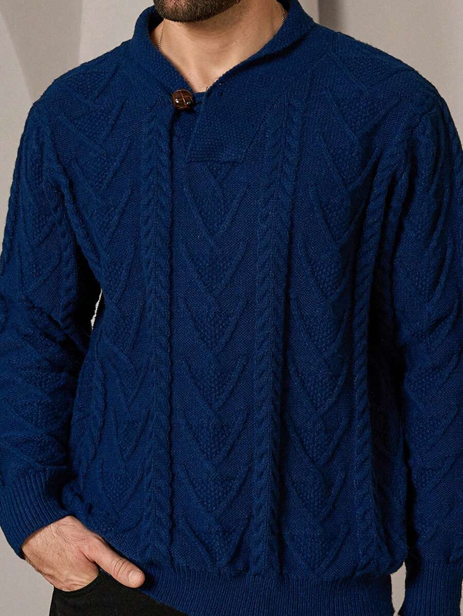 Manfinity VCAY 男士针织时尚休闲日常宽松半扣长袖毛衣，秋冬季，圣诞节 - 藍色 - 查看 1