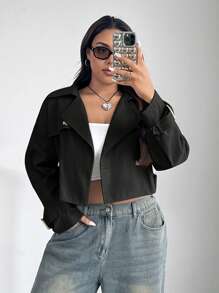 SHEIN EZwear Manteau trench à col rétro crop, manches longues, couleur unie, grande taille, pour l'automne/hiver - Noir - Voir 5