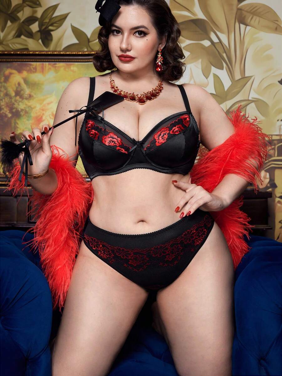 PinupPomp Vintage, Elegant, Classic, Glam, Satin Red Floral Lace, Black & Red Comfortable, Curvy High Waisted Briefs, Plus Size Underwear
