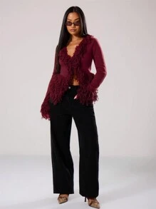 MUSERA Áo khoác len cardigan cổ điển viền xù, phong cách mùa xuân Y2K thập niên 90, giản dị, dễ thương, mùa hè, lễ hội, tựu trường, mùa đông, hàng ngày, công sở, thanh lịch, ngày lễ tình nhân. - Màu Đỏ Sâu - Xem 4